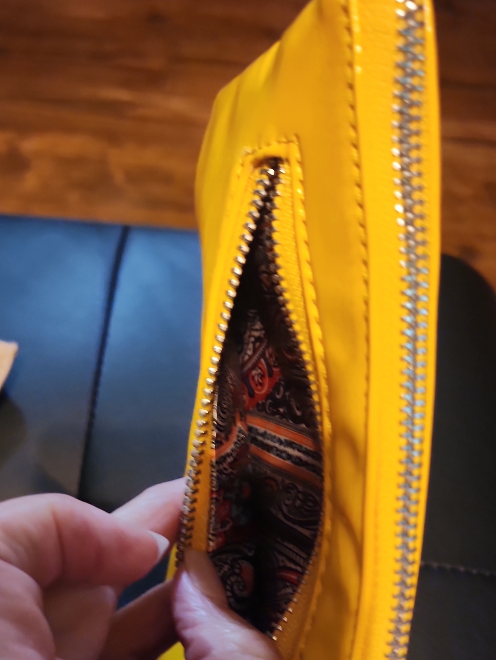 Big Buddha Yellow Patent Wristlet Clutch with Chevron Stitching - Picture 7 of 7